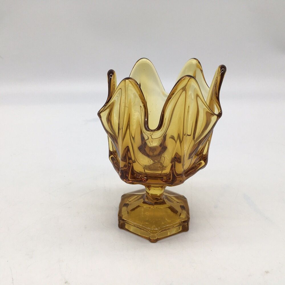 Vintage Viking ? Swung Glass Yellow Compote Candy Candle Dish Mid Century MCM Gl